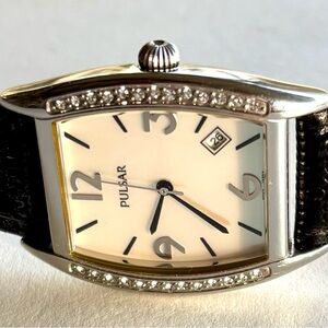 Pulsar By SEIKO Silver and Black Watch with Crystal mother of pearl VX32–310